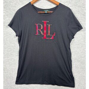 Ralph Lauren Womens T-Shirt L Black RLL Red Plaid Logo Cotton